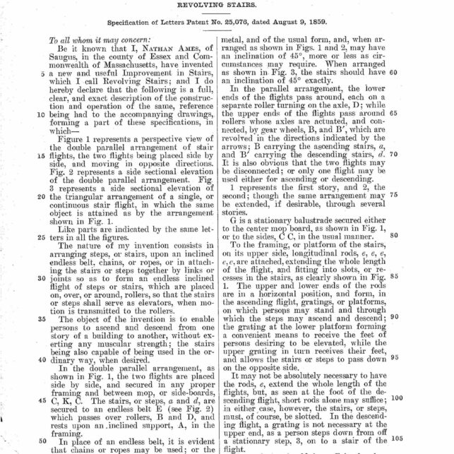 патент US25076 Натан Эймс назвал Revolving stairs («Вращающиеся лестницы»
