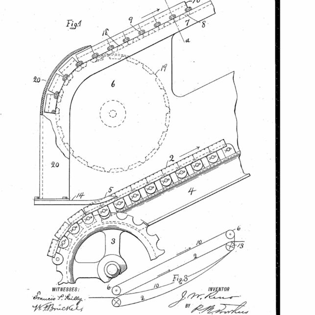 Устройство под названием Endless conveyer or elevator («Бесконечный конвейер или лифт». Джесси Уилфорд Рено (патент US470918)