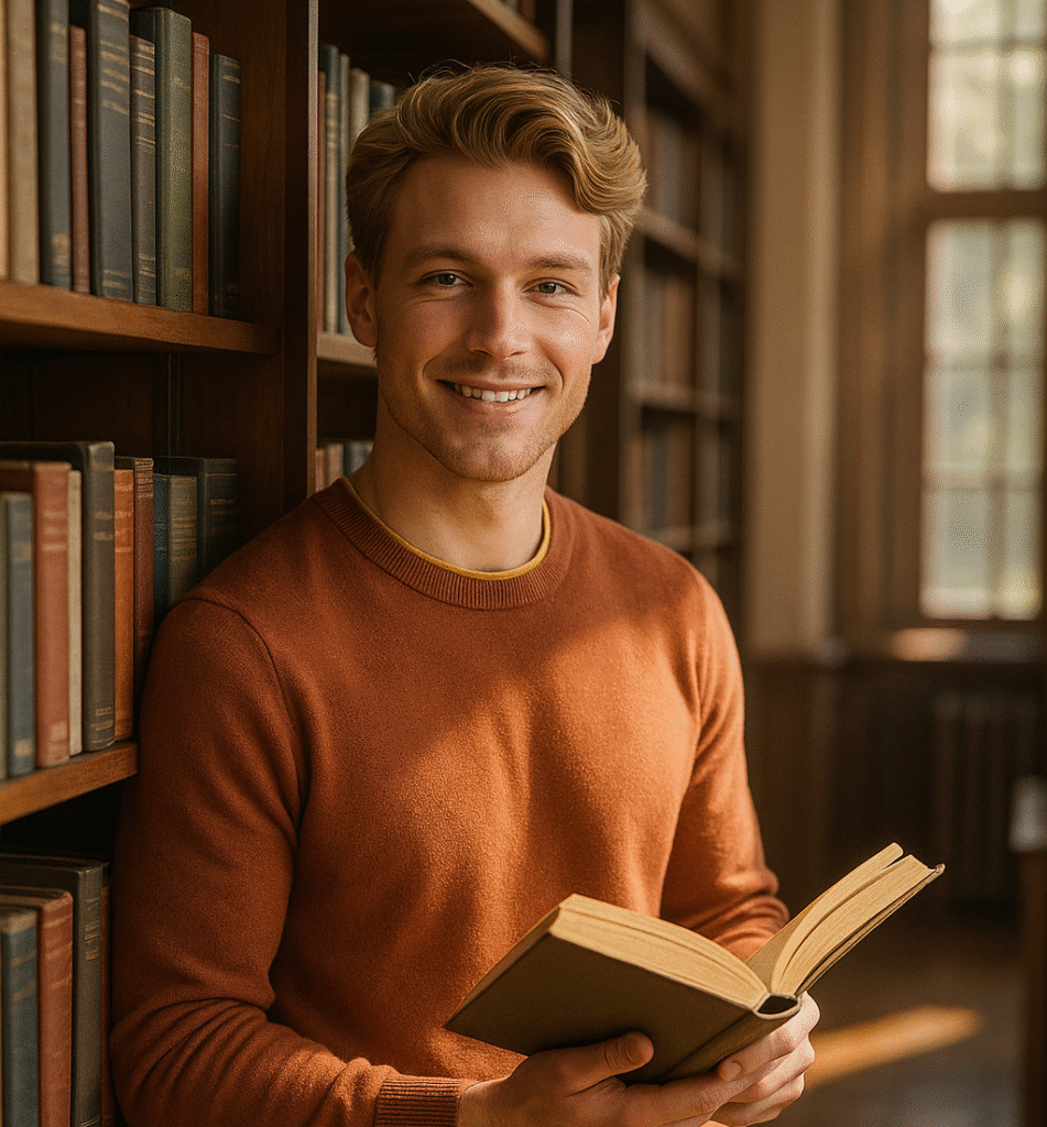 20250911_1121_Handsome Librarian's Morning Light_simple_compose_01k4vxntbqfv6v85pe6c4t8t7d